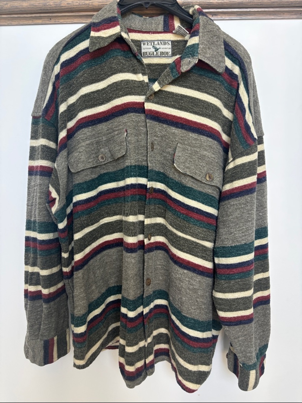 Bugle Boy Wetlands Striped Button-down in Gray, Cream, Teal & Red, Size L